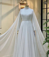 Elegant Chiffon Beaded Muslim Wedding Gowns with Cape Hijab Islamic Bridal Dress High Neck Abaya Long Sleeves Bride Robe